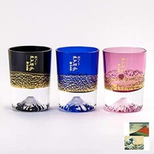 Tajima Glass Gold Leaf Fuji Cold Sake Glass Blue Red-gold Black 3 Set JAPAN NEW