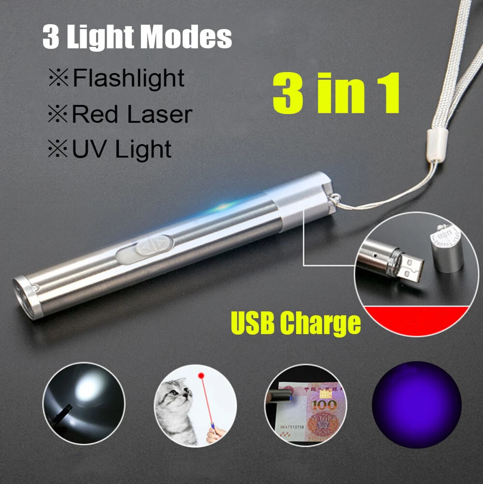 2pcs Cat Dog Toy Red Laser Pointer Pen USB Rechargeable LED Light UV Flashlight - Image 3 of 4
