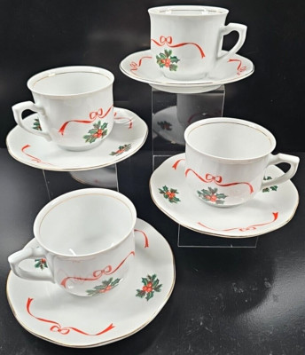 4 Korona Basket Of Cheer Cup Saucer Set Holly Ribbons Poland Coffee Tea Dish Lot