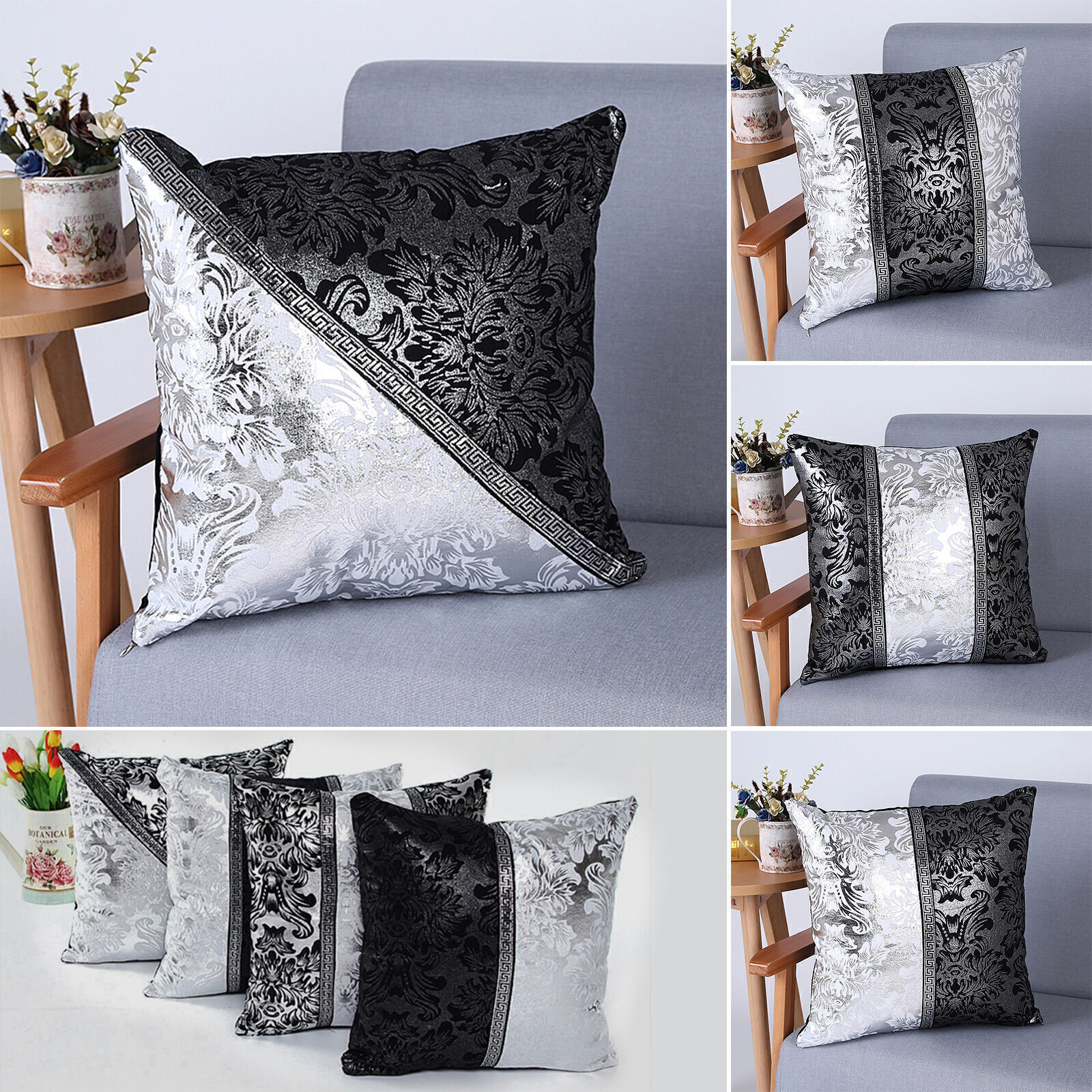 Cotton Linen Pillow Cases Black & White & Silver Sofa Cushion Cover