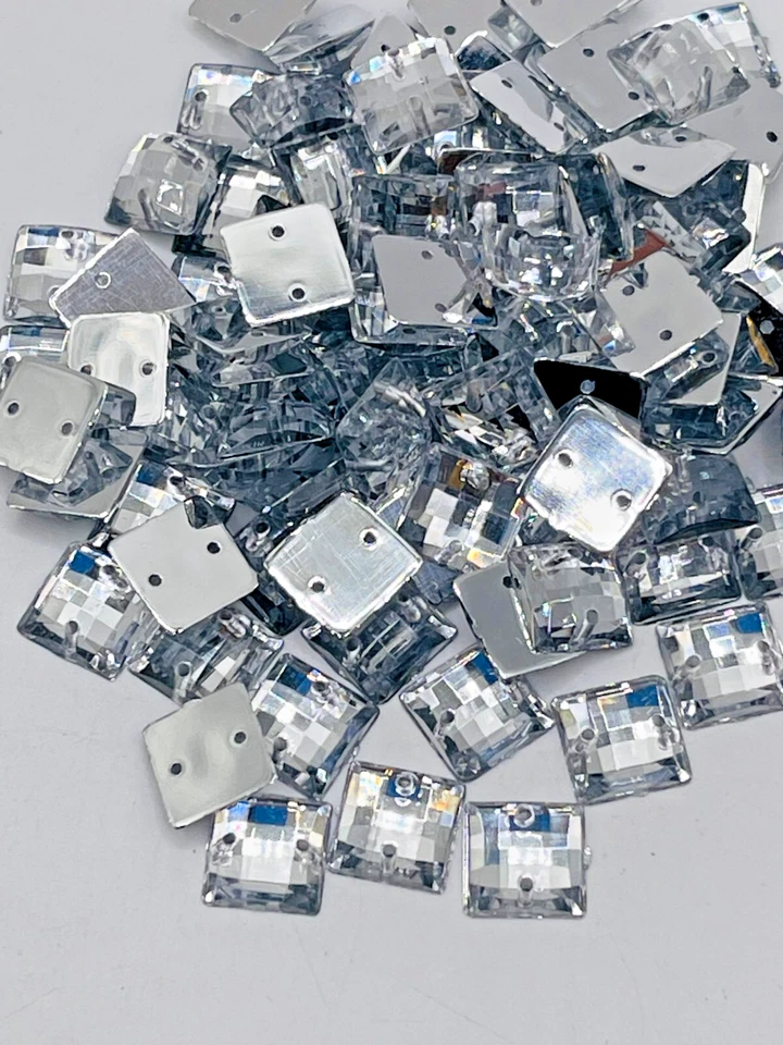 100 Flatback Acrylic Faceted Square Sewing Rhinestone Button Sew on Bead 10mm - Image 3 of 4