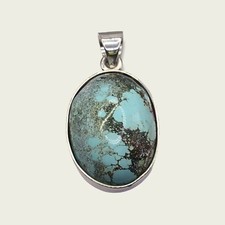 925 Sterling Silver Blue Turquoise Spider Web Natural Pendant Oval