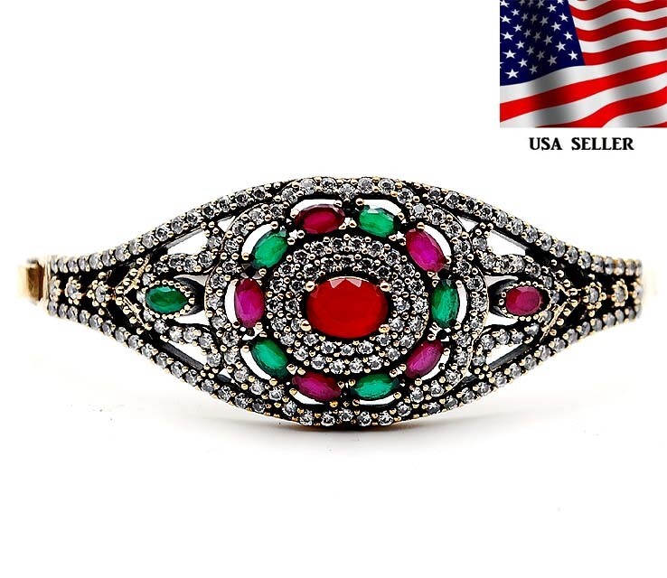 Ottoman Empire Style 13CT Ruby Emerald 925 Sterling Silver Bracelet