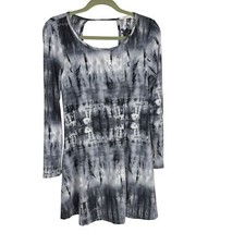 Women's Long-Sleeve Batik Dress Scoop-Neck Open-Back Size S