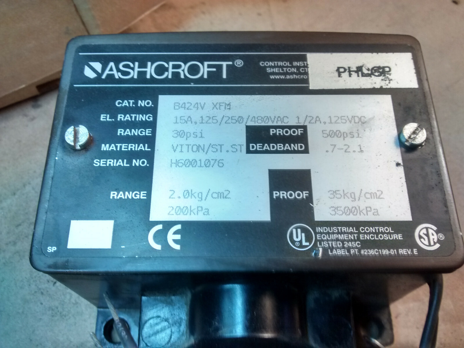 Ashcroft B424V XFM 30 PSI Pressure Switch B4 General Purpose 15A 125