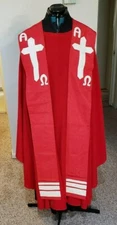 LITURGICAL CLERGY VESTMENT CHASUBLE AND STOLE RED ALPHA OMEGA FIXER UPPER TLC