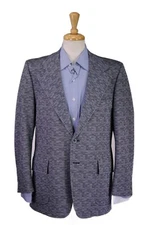 Curlee Vtg 1960's Blue/White Geometric Print Polyester 2-Btn Blazer Jacket 40R