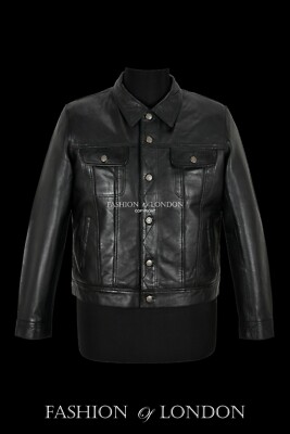 Mens Trucker Leather Jacket Black Classic Lambskin Shirt Style Casual Jacket