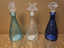 NEW - 3 Ocean Themed Pebbled Glass Bottles w/ Clear Starfish  Shell Stoppers