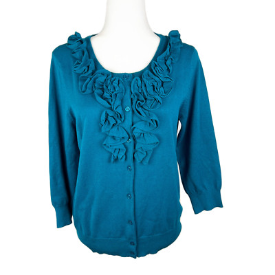 Covington Sweater Women Medium Blue Floral Ruffled Cardigan Button Down NWT