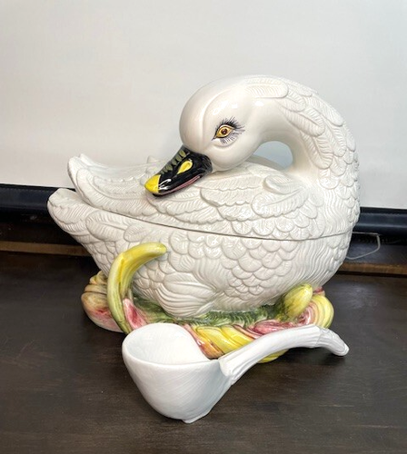 Vintage Italian Majolica White Swan Soup Tureen w/ Ladle 13" x 9" x 10" - 第 9/9 張圖片