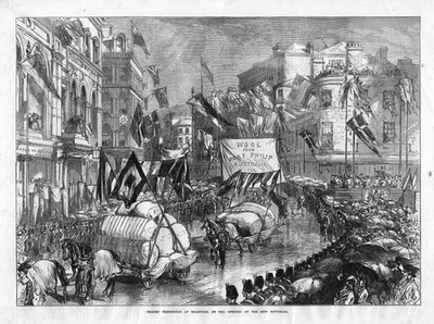 1873 Trades Bradford opening townhall England Stadthalle Eröffnung antique print