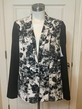 T Tahari Black White Floral Notch Collar Single Button Blazer, Size 12