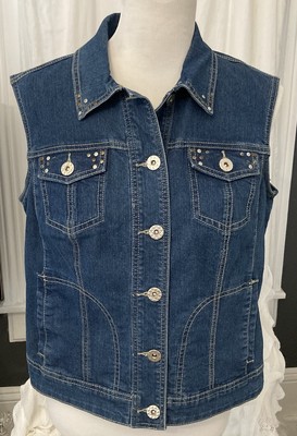 Denim Vest Women Sz L Dressbarn Studs Metal Buttons Collar Pockets Short Blue