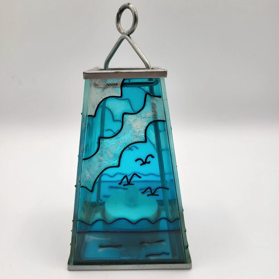 Candelabro de vidrio pintado con luz de té faro náutico lado del mar decoración de playa Foto 3 de 4