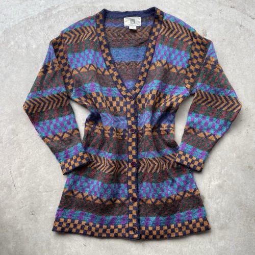 Vintage 80s Anne Klein Mohair Cardigan Colorful Pattern Knit Sweater Size S - Image 1
