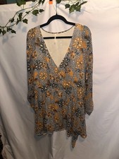 Free People Floral V-Neck Tie Waist Ruffle Short Dress Long Sleeve Viscose M