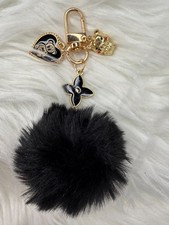 Cute Fluffy Pom pom Key Chain Bag Pendant Keyring elegant charms Black / Gold