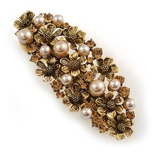 Vintage Inspired Caramel Faux Pearl, Topaz Crystal Floral Barrette Hair Clip