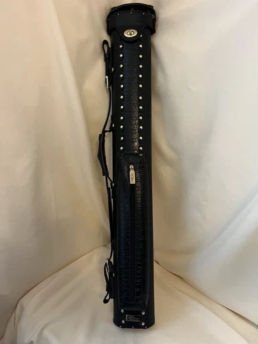 Vintage Elite Black Leather Pool Cue Case Crocodile Embossed /Studs - Excellent