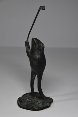 Vintage Metal Golfing Frog on Lily Pad Statue Sculpture San Pacific Korea Art