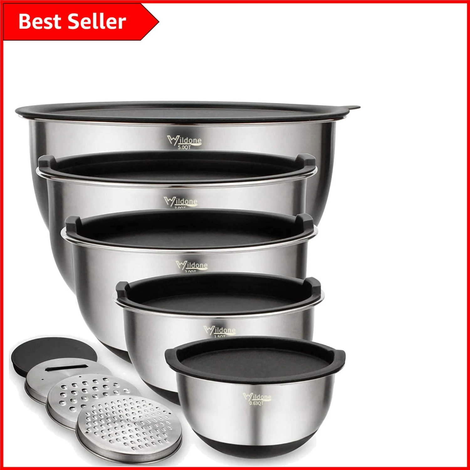 5-Piece Stainless Steel Mixing Bowls Set with Airtight Lids & Grater Attachments