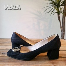 Rare PRADA Suede Pumps Black Silver Button 22.0cm US 5 BC07x1 Elegant Heels