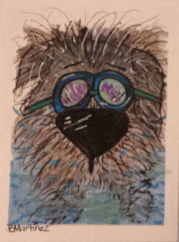 aceo original painting Dog In Water “Cooling Off”