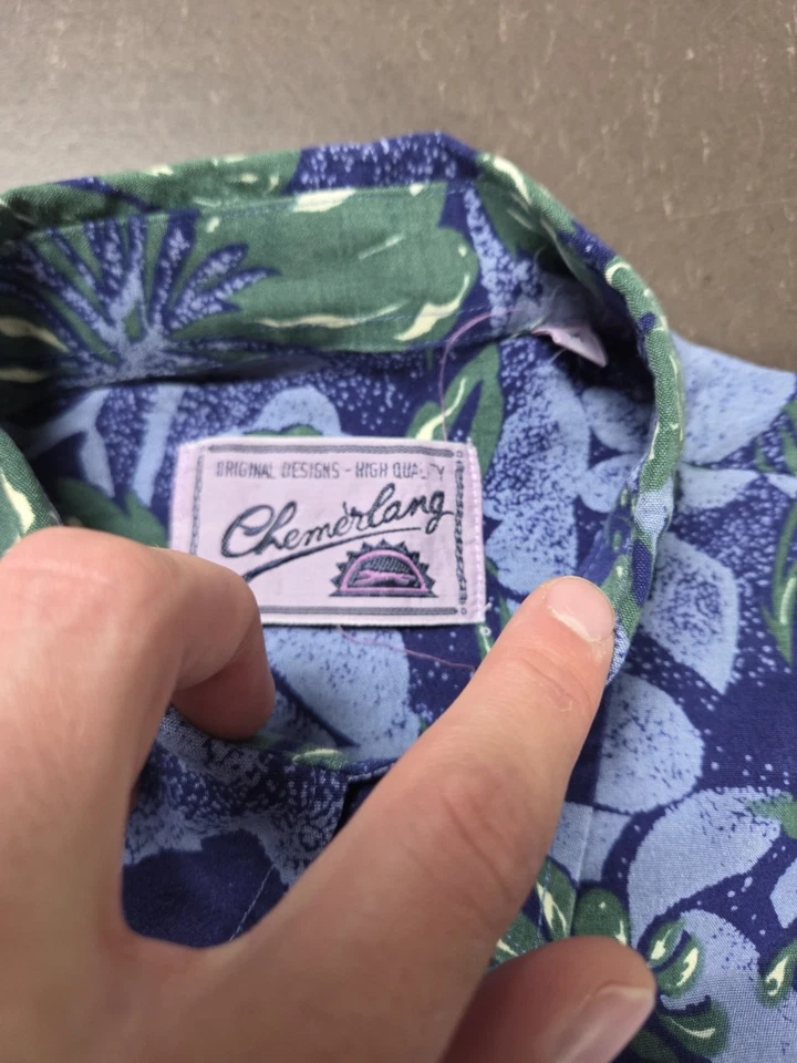 Chemise vintage Chemelang Hawaïenne Bleu Vert 100% Coton Homme M - Photo 4/4