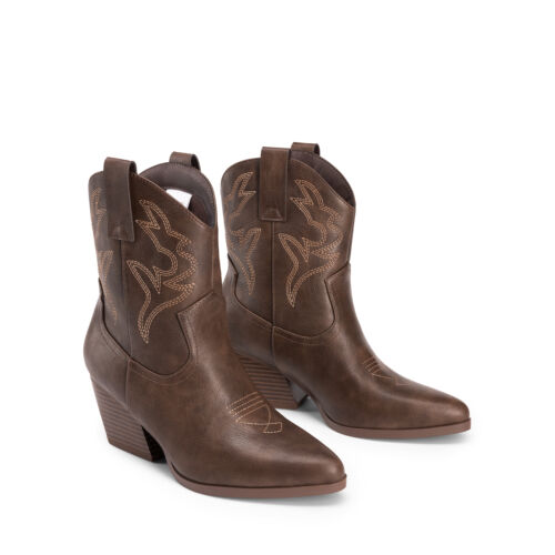 Women Cowboy Cowgirl Boots Western Boots Low Chunky Heel Pointed Toe Booties - Picture 13 of 32