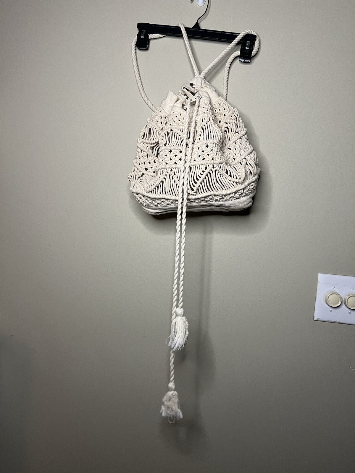 Macrame Beach Backpack Bag Drawstring Closure Cre… - image 2