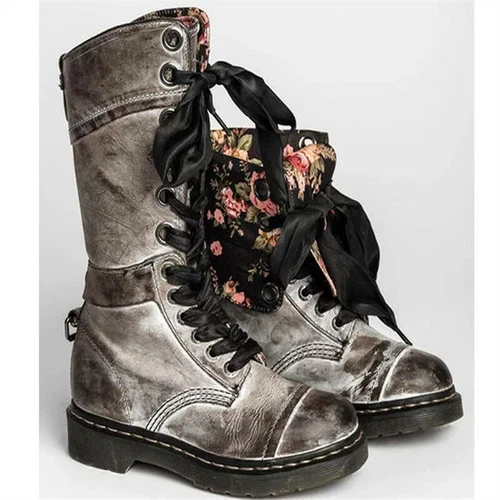 Women Retro Mid Calf Boots Lace Up Biker Punk Military Combat Ankle Bootie Shoes - Bild 5 von 13