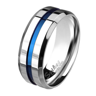 Schöner Zwei Ton Edelstahl Silbern poliert Freundschaft Ring Inlay Blau Trauring