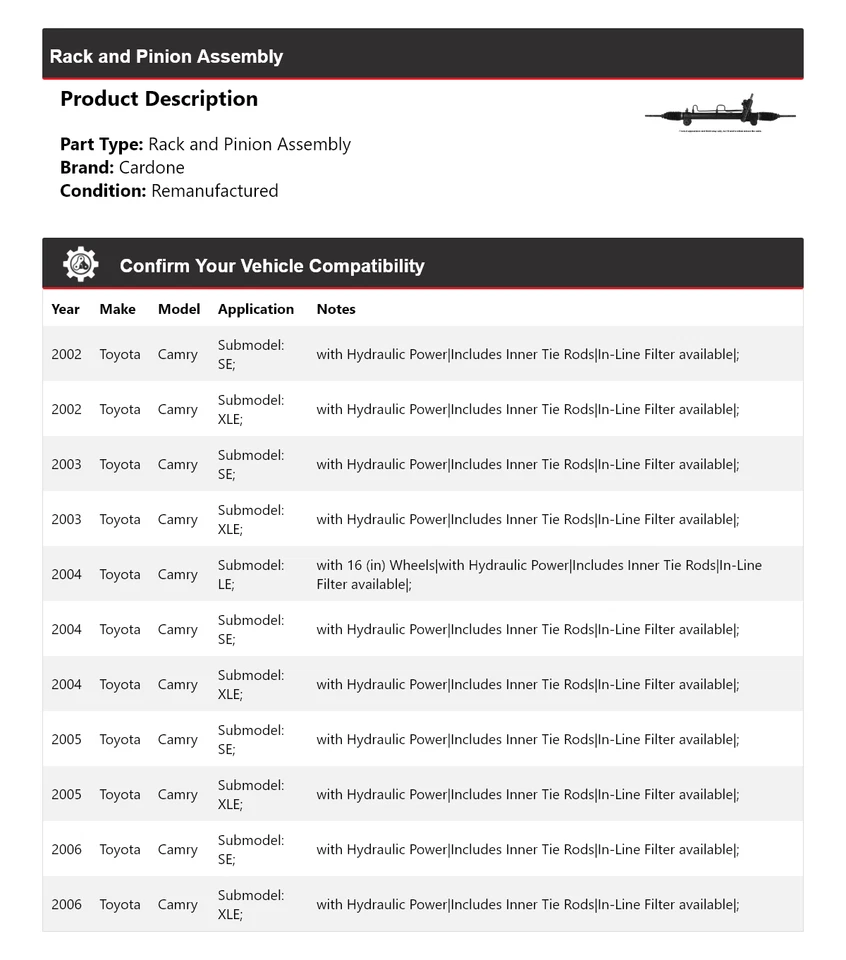 Conjunto de piñón y cremallera para Toyota Camry 2002-2006 Cardone 2003 2004 2005 Foto 2 de 4