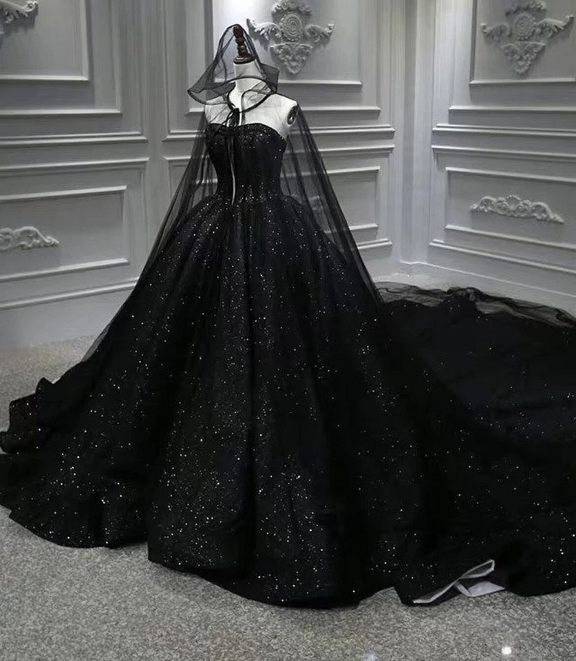 Черный готический свадебные платья с плащ блестки без бретелек Sweep поезд свадебное платье - Изображение 2 из 4