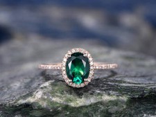 1.1Ct Lab-Created Green Emerald Solitaire Halo Engagement Ring Rose Gold Plated