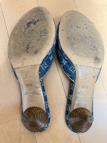 LOUIS VUITTON Denim Monogram Flower Heel Sandals Mules Shoes Women EU34.5 US5 - Picture 3 of 4