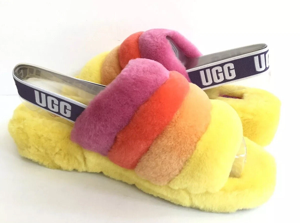 UGG WOMEN FLUFF YEAH SLIDE PRIDE RAINBOW YELLOW SANDAL US 8 EU 39 UK 6