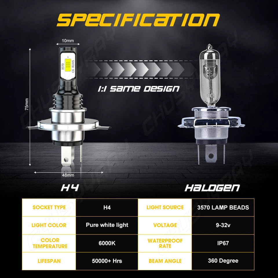 For Honda CMX250C Rebel 250 01-09 2012-2016 H4 9003 LED Headlight White 2x Bulbs - Image 3 of 4