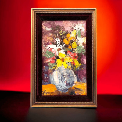 Abstract Floral Oil Painting Artist Signed Velvet Matt Framed MCM Style Art