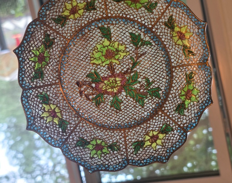 Vintage Asian Chinese Plique A Jour Glass Plate with Flowers
