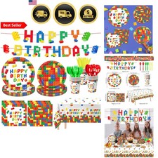 Building Block Party Supplies Kids Birthday Plates Cups Napkins Banner Set