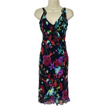 Bebe Silk Floral Ruffle Midi Dress Womens S Black Vintage 8100-231