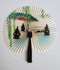 Vintage Paper Metal Folding Fan w Traditional Landscape China