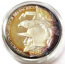 1985 SILVER PANAMA PROOF 20 BALBOAS DISCOVERY OF PACIFIC OCEAN IN BOX COA