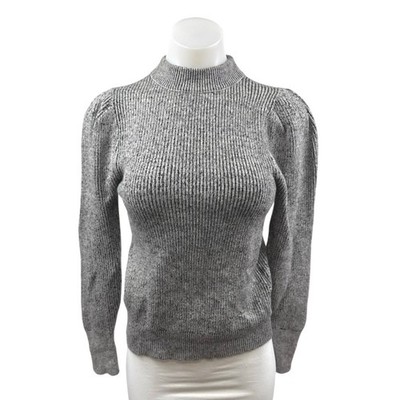 Free Press Gray Ribbed Knit Puff Long Sleeve Mock Neck Sweater Top Size XS 