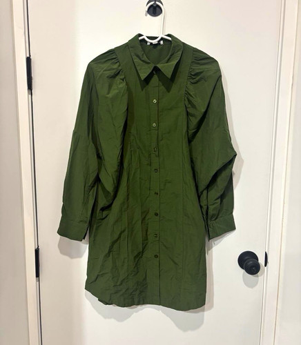 Topshop Green Solid Button-Up Shirt Collared Long Sleeve Button Closure