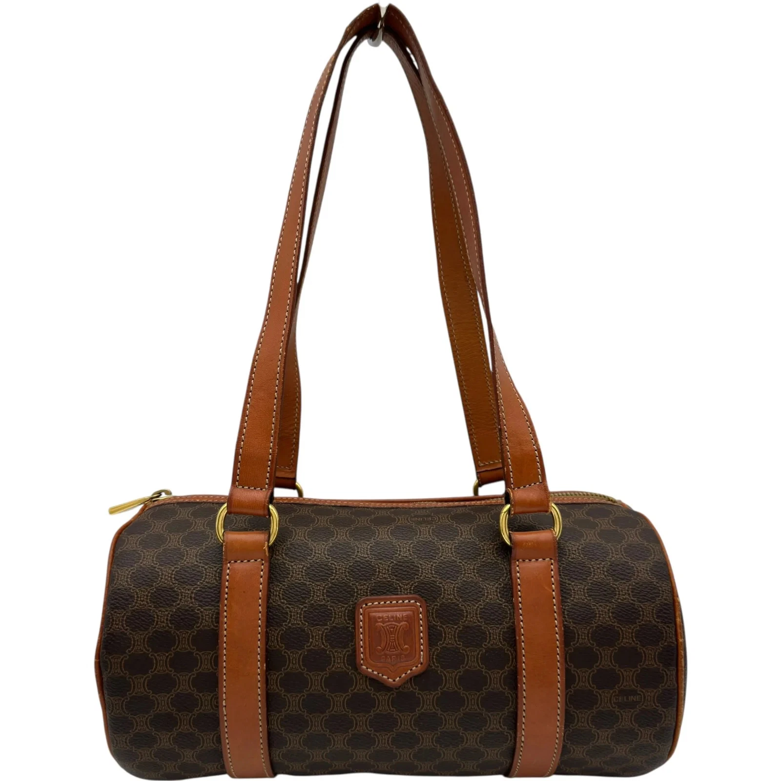 Celine — CELINE Macadam Mini Boston Bag Dark Brown Canvas Boston Bag #OKB4462
