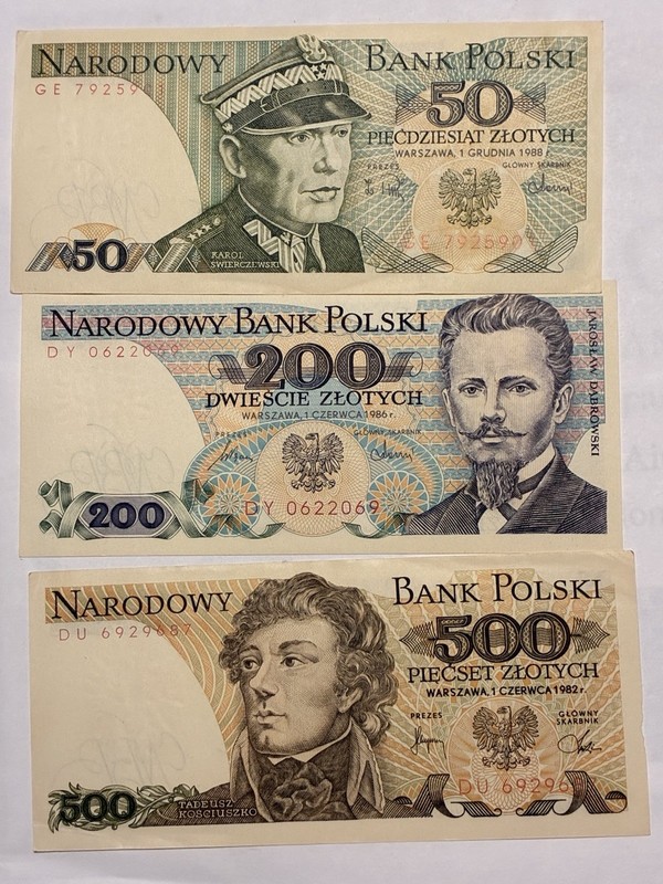 Poland Narodowy Bank Polski Banknotes Lot 50, 200 & 500 Zlotych 1982-1988