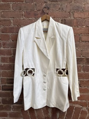 Vintage Bugatchi Linea Donna Jacket, Sz 10 US, White Rayon/Linen 80 s